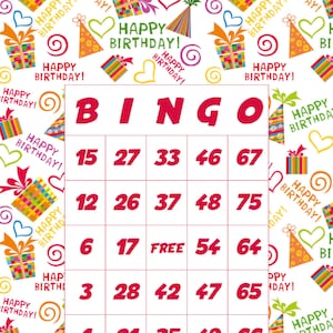 20 Bingo Cards, 20 unique happy birthday bingo cards, 1 per page, download and print! Multicolor cards. Print at home bingo cards