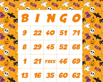 Halloween 50 Bingo Cards, 50 unique halloween bingo cards, 1 per page, download and print! Spooky print for kids. Print at home bingo cards