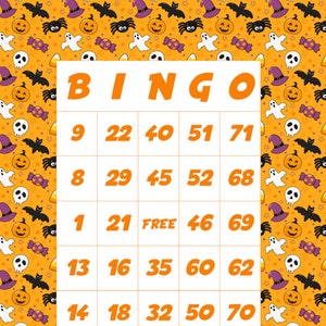 Halloween 50 Bingo Cards, 50 unique halloween bingo cards, 1 per page, download and print! Spooky print for kids. Print at home bingo cards