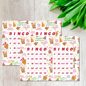 Happy Birthday 1000 Bingo Cards, 1000 unique bingo cards, 2 per page, download and print! Multicolor bingo game Print at home bingo cards