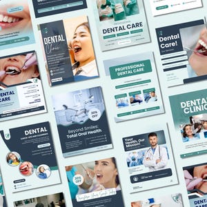 Puede incluir: Una colección de folletos promocionales de clínicas dentales en varios diseños. Los folletos presentan imágenes de dientes, procedimientos dentales y pacientes sonrientes. La combinación de colores incluye tonos de azul, blanco y verde.