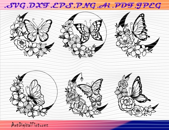 Download Crescent Moon With Butterfly Floral Style Crescent Moon Etsy