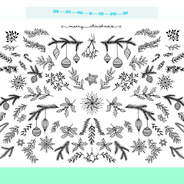 Winter Decoration Silhouette | Drawn Branch Svg | New Year Branch Decor Svg | Wedding Ornament Clipart | Sketch Leaf | Frame Rustic Herbs