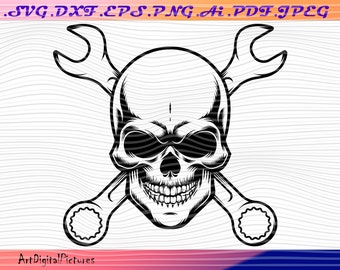 Skull with Wrenches, Retro Logo, Mechanic Logo, Wrench Engine, Auto, Car Part, Biker, Motorcycle, Repair Service, Shop, Cricut, Cutting File