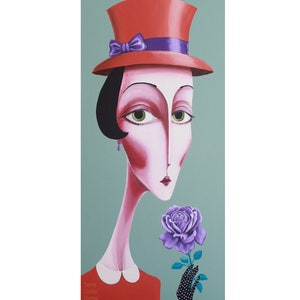 Original Vintage Lady Painting on Canvas, Lady Holding Rose Painting, Art Deco Painting, Portrait painting