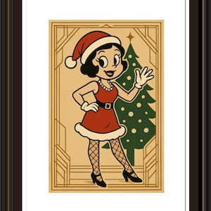 May include: A framed vintage Christmas print. The artwork depicts a woman in a Santa hat and red dress with white trim, fishnet stockings, and black heels. A green Christmas tree is in the background. The print is set against a tan background with gold art deco style borders.