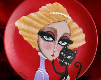 Plato decorativo de cerámica con estampado vintage de mujer con gato para pared.