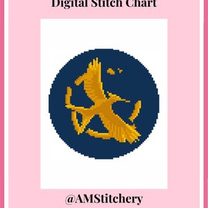 May include: A digital stitch chart featuring a circular navy blue background with a pixelated golden yellow bird design in the center. The text Digital Stitch Chart appears at the top, and the handle @AMStitchery is printed at the bottom.