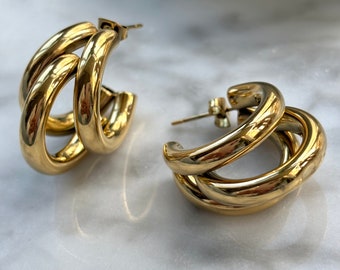 Statement oorbellen goud - gouden oorringen  groot - creolen - hoops - grote oorringen goud - oorbellen goud 14k - dubbele oorring