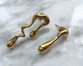 Pendientes asimétricos mujeres - pendientes de oro fundido - pendientes largos - pendientes geométricos