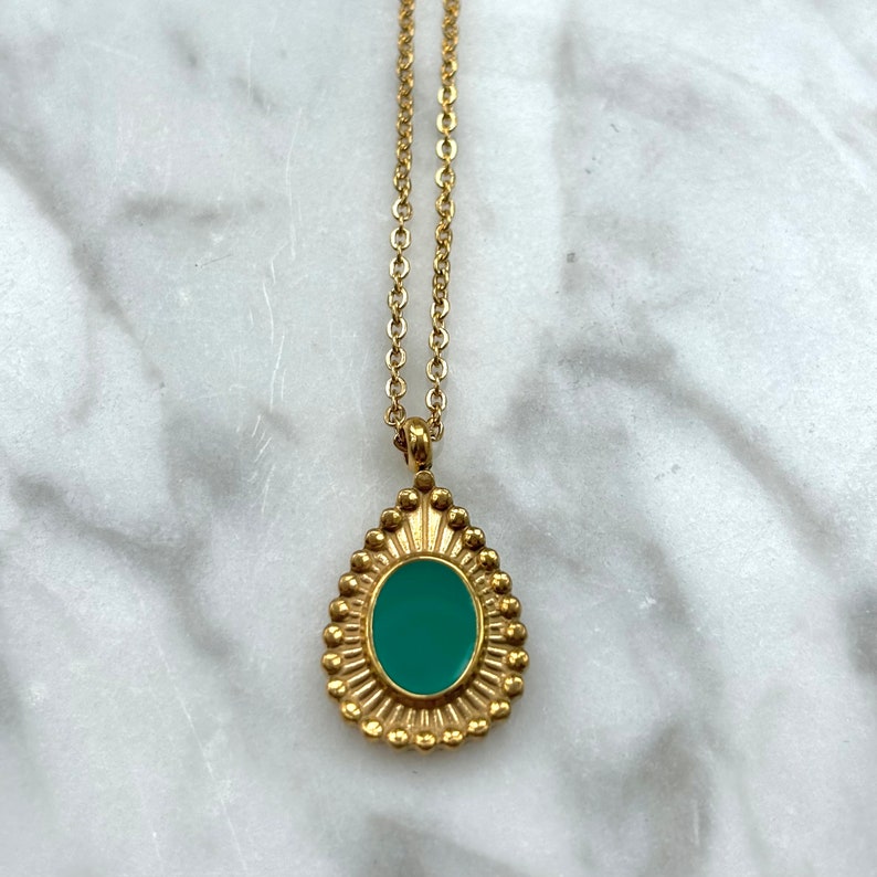 Ketting met hanger groen bedel druppel kettinkje met hanger turquoise Necklace gold plated bedelketting dames necklace party afbeelding 3