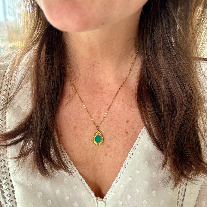 Ketting met hanger groen bedel druppel kettinkje met hanger turquoise Necklace gold plated bedelketting dames necklace party afbeelding 2