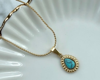 Ketting met hanger edelsteen turquoise - ketting dames goud druppel - Necklace gold plated - bedelketting - necklace party