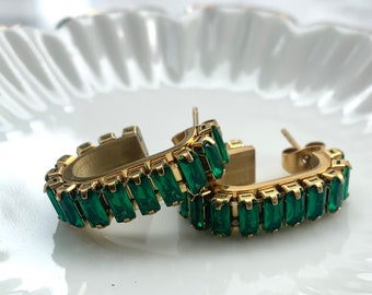 Earrings emerald green - Oval earrings zirconia - statement earring - earrings - gold - oval - stainless steel - tarnish free
