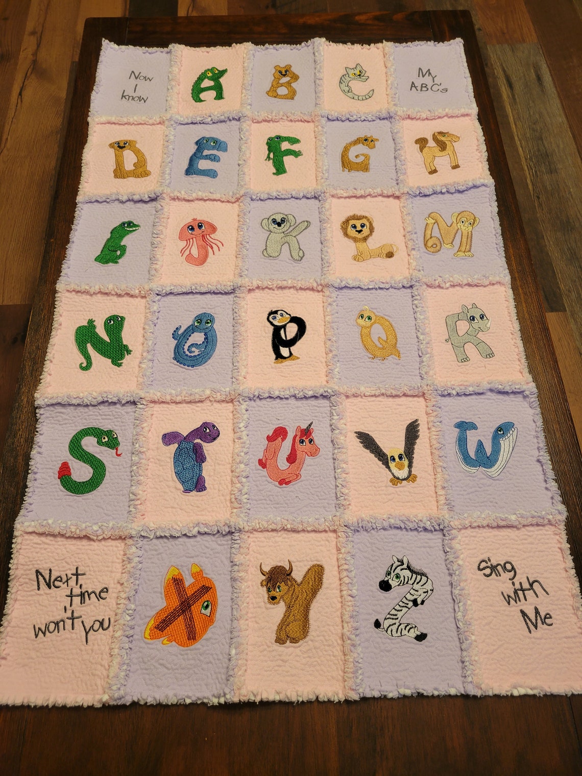 Alphabet Baby Blanket/abc Rag Quilt/embroidered Alphabet Etsy