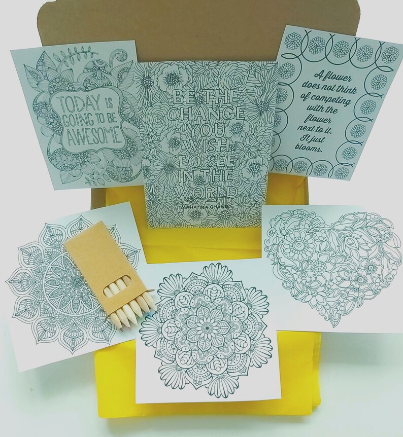May include: A set of five printable coloring pages featuring intricate mandala designs and inspirational quotes. The quotes include "Today is going to be awesome", "Be the change you wish to see in the world", and "A flower does not think of competing with the flower next to it. It just blooms."