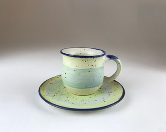Espresso cup with plate, espresso cup, ceramic, Provence, orange red / green blue, handmade, stoneware