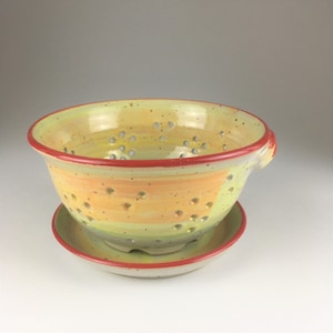 Ceramic fruit strainer with plate, fruit strainer, handmade, Provence, orange-red / green-blue, stoneware