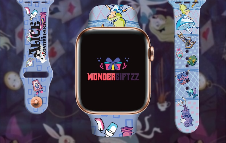 May include: A blue Apple Watch band with a white and blue Alice in Wonderland design. The band features characters and objects from the story, including Alice, the Mad Hatter, and a teapot. The watch face displays the text "WONDERSIFTZZ".
