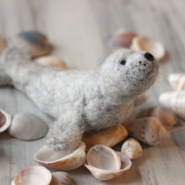 Needle felted wool baby seal for gift, decor or creative play