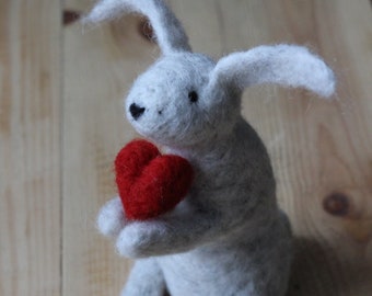 Needle felted bunny with heart for Valentines gift, hare, rabbit.