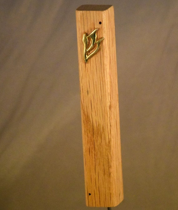 Oak Wooden Mezuzah With Golden Standard Shin Etsy