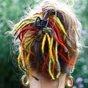Op de afbeelding: Haarstijl met kleurrijke dreadlocks, vastgezet met een zwarte haarclip. De dreadlocks hebben een mix van rood, geel, oranje en groen. De achtergrond is wazig, wat wijst op een buitenomgeving.
