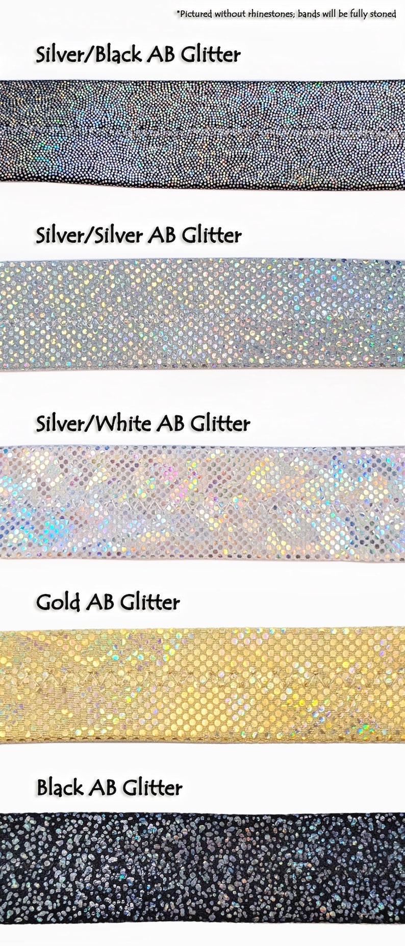 May include: Five samples of AB glitter fabric in different colors: silver/black, silver/silver, silver/white, gold, and black. The glitter is iridescent and has a subtle rainbow effect.
