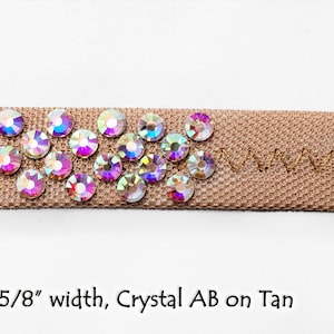 May include: Tan ribbon trim with a 5/8 inch width, decorated with iridescent crystal AB rhinestones.