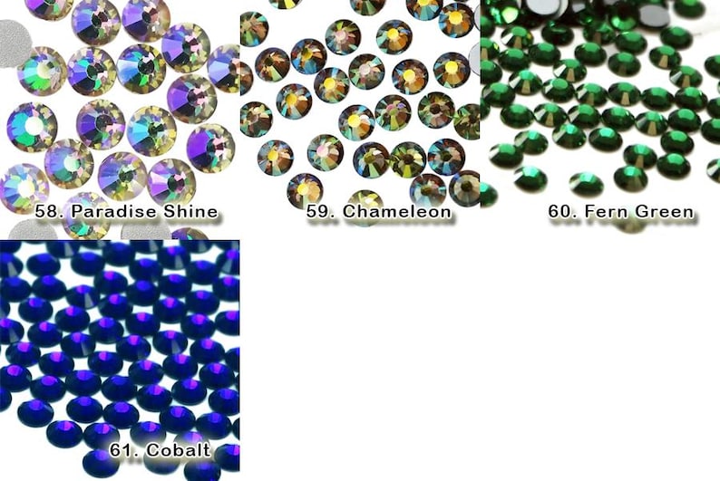 K&ouml;nnte beinhalten: Eine Sammlung runder Strasssteine mit flacher R&uuml;ckseite in vier verschiedenen Farben, beschriftet als 58. Paradise Shine, 59. Chameleon, 60. Fern Green und 61. Cobalt. Jede Gruppe enth&auml;lt zahlreiche kleine, facettierte Kristalle.