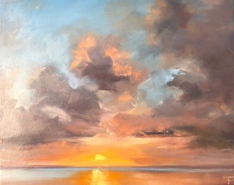 Pintura a óleo original de paisagem marítima ao pôr do sol, arte de parede costeira moderna, praia dourada ao pôr do sol