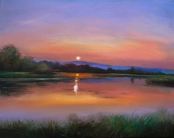 Original River Sunset Oil Painting: Modern Realism Landscape Art