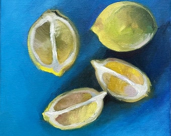 Small Lemons Oil Painting: Still Life Citrus Kitchen Wall Art