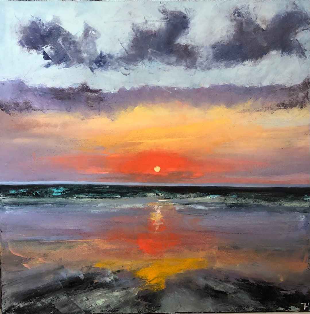 Sunset Oil Painting on Canvas, Original Seascape , Abstract Oceanfront ...