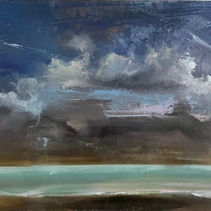 Pintura al óleo original de paisaje marino sobre cartón, mar, paisaje celeste, arte moderno, arte de pared