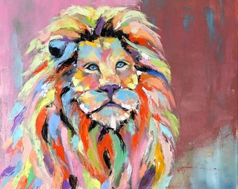 Abstract Lion Oil Painting on stretched canvas , Original Lion Art, Impasto Lion, Modern Lion, Wall Decor