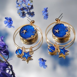 Celestial inspired blue enamel and gold planet and star dangle and drop earrings, gifts for her