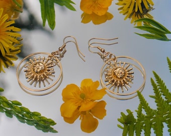 Gold celestial sun drop dangle hoop earrings, gifts for her