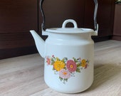Enamel Vintage big kettle, Retro enamel kettle, Rustic enamel can, Soviet vintage, Cottage chic, Farmhouse decor, Russian metal tea kettle
