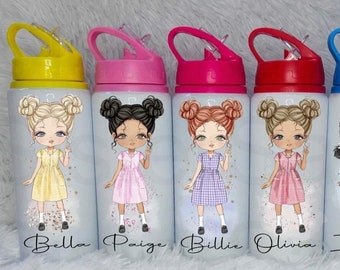 May include: Six white water bottles with colored lids and straws, each featuring a cartoon girl illustration and a name: Bella, Paige, Billie, Olivia, India, and Summer. The bottles have yellow, pink, magenta, red, and two shades of blue lids.