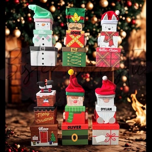 Caja de Nochebuena para niños, cajas de regalo apilables personalizadas, con diseño de Westie, Papá Noel y elfo. Caja de regalo navideña.