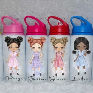 Personalised Girls School Water Bottle First Day of School Summer Gingham Dress Gift for Her Daughter Granddaughter Niece