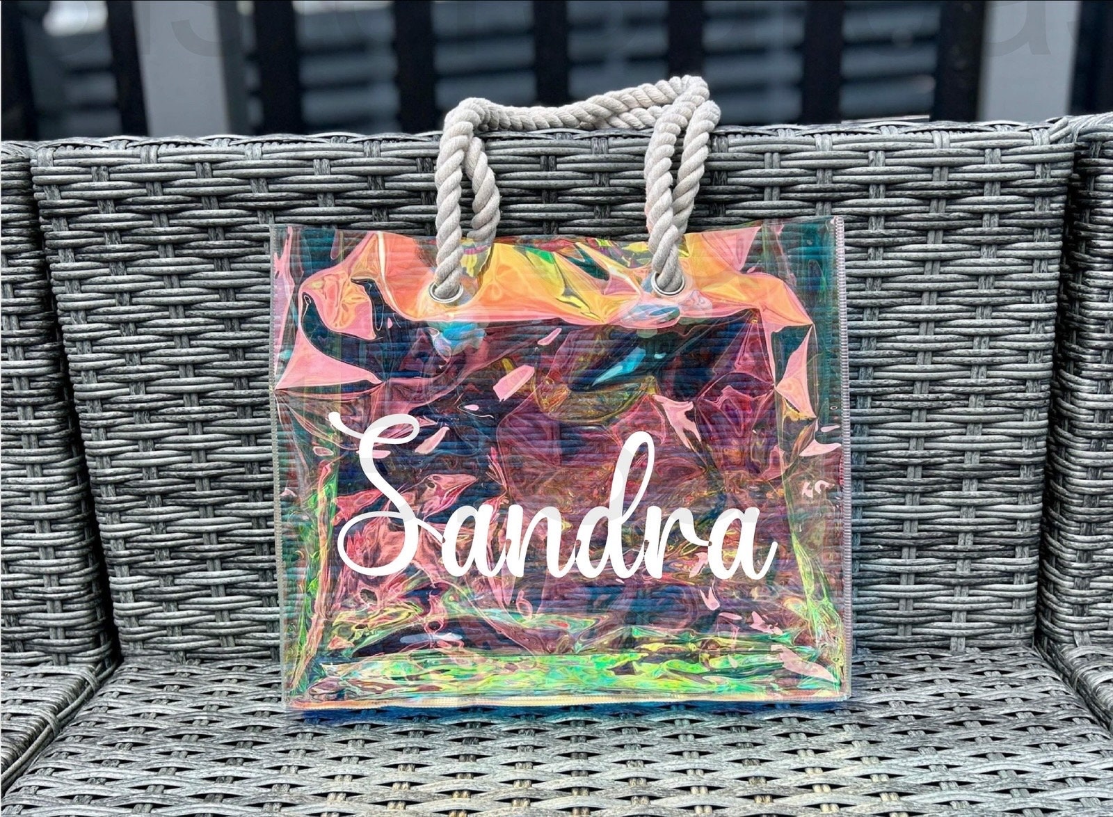 Personalised PVC Beach Bag with Sturdy Rope Handle - various colours available, perfect for holiday, holiday beach bag, neon beach bags,