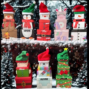 Caja de Nochebuena para niños, cajas de regalo apilables personalizadas, renos, Papá Noel, elfos y muñecos de nieve, regalo de Nochebuena, regalo de Navidad.