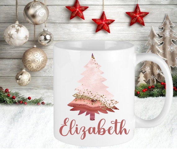 Christmas Personalised Pink Xmas Tree Name Mug Cup Secret Santa