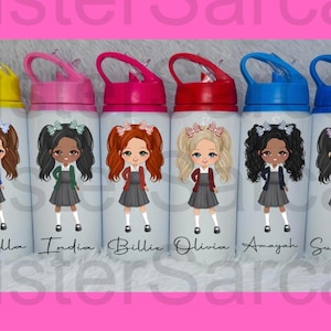 May include: Set of six colourful water bottles with personalised names and cartoon images of girls wearing school uniforms. The names are Bella, India, Billie, Olivia, Amayah, and Summer.