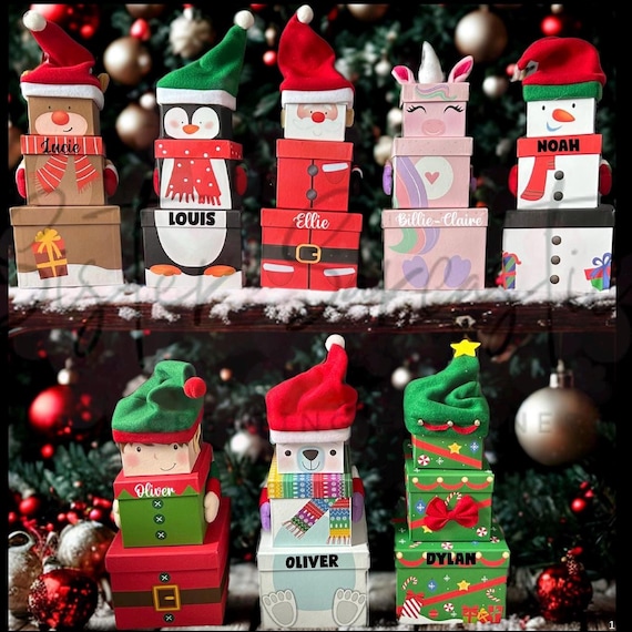 Caja de Nochebuena para niños, cajas de regalo apilables personalizadas,  con renos, Papá Noel, elfos y muñecos de nieve, regalo de