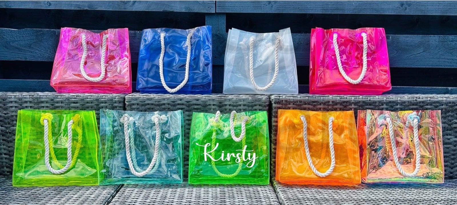 Personalised PVC Beach Bag with Sturdy Rope Handle - various colours available, perfect for holiday, holiday beach bag, neon beach bags,