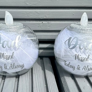 Personalised Dad Mum in Heaven Feather Memorial Memory Glass Candle Tea Light Holder Christmas Ornament Gift Present Keepsake