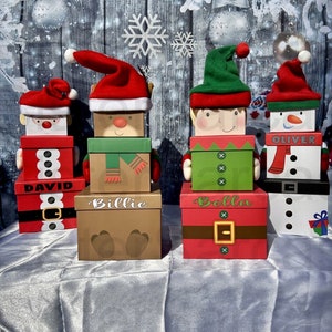 Kids Christmas Eve Box Personalised Customised Stacking Gift Boxes Reindeer, Santa, Elf, Snowman Novelty Christmas Gift Box Xmas Present